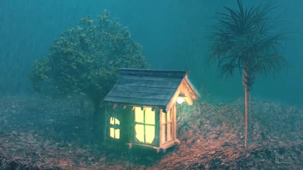 Rain Falls Lights Small House Deserted Forest — Stock Video