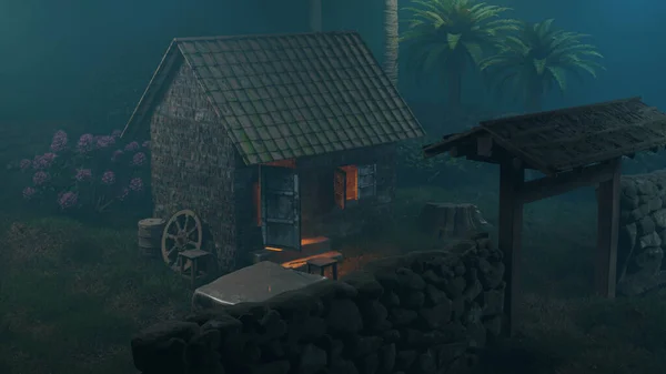 Geceleyin sisin içindeki eski ev.