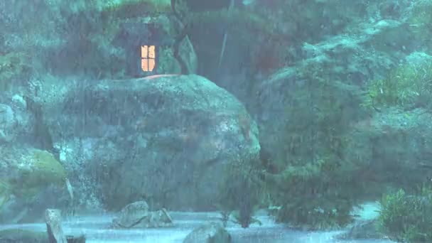 Small House Cold Rain Falling Icy Hill — Stock Video