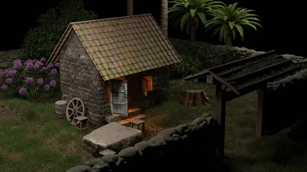 Gecenin bir yarısı bahçedeki eski ev.