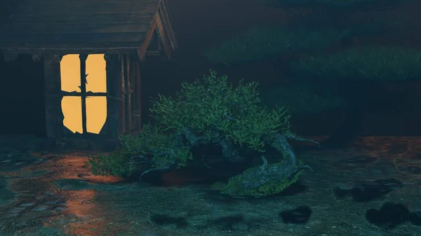 Small house in Bonsai garden at night, Night view in beautiful nature garden