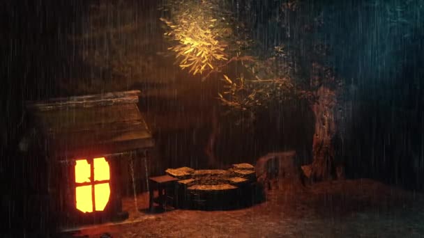 Warm Lights Little House Middle Rainy Night Rain Landscape Falls — Video