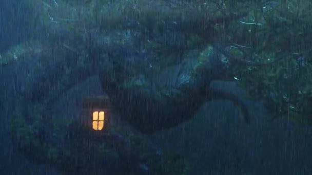 Души Джунглях Дождь Обрушился Дом Большое Дерево Rainy Ночью Высококачественные — стоковое видео