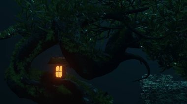 Great Treehouse, Night View in the Woods, Nature Landscape, Render 3D