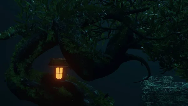 Great Treehouse, Night View in the Woods, Nature Landscape, Render 3D