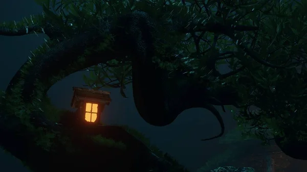 Nature Landscape, Great Treehouse, Night View in the Woods, Render 3D