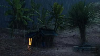 Boş bahçedeki küçük evin üzerine yağmur yağdı.