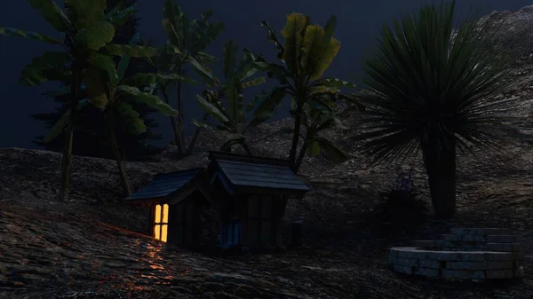 Geceleri kırsal dağ yamaçlarındaki bungalovlar