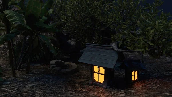 Geceleri kırsal dağ yamaçlarındaki bungalovlar