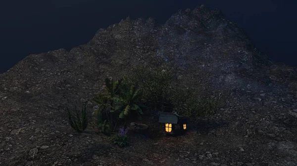 Geceleri kırsal dağ yamaçlarındaki bungalovlar