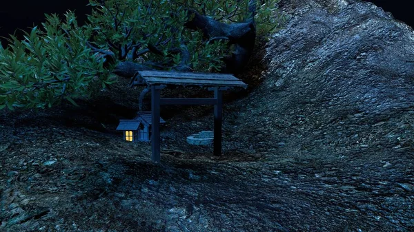 Geceleri kırsal dağ yamaçlarındaki bungalovlar