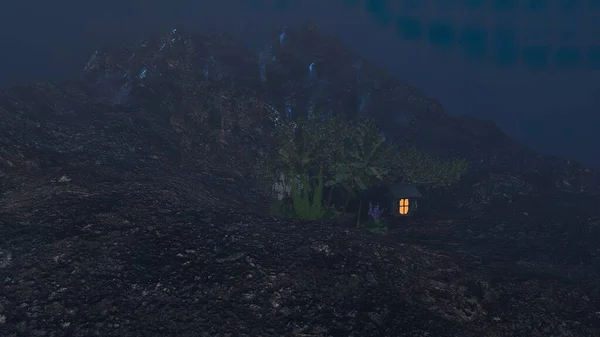 Geceleri kırsal dağ yamaçlarındaki bungalovlar