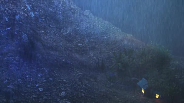 Deszcz Błyskawica Spadły Mały Domek Położony Skalistej Górze Pośród Nocnego — Wideo stockowe