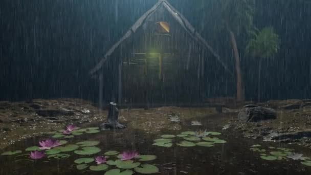 Rustig Huis Met Lotusvijver Regenachtige Nacht Afgelegen Dorp Regenlandschap Het — Stockvideo
