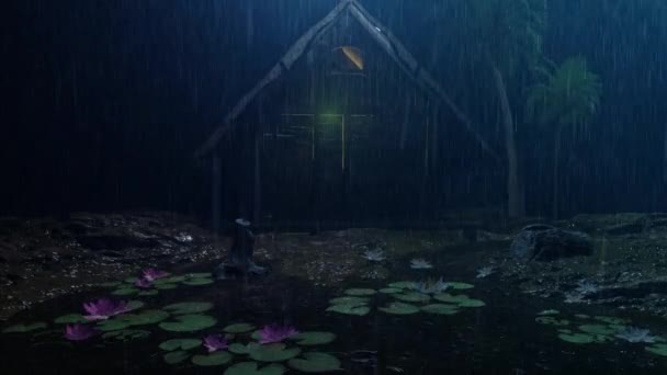 Nacht Regen Valt Een Houten Huis Met Een Lotus Meer — Stockvideo