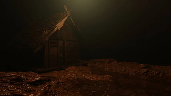 Sarı ışıklar ve fakir bungalov gecenin bir yarısı, kırsal bölgenin gece manzarası