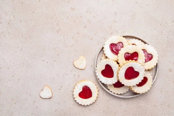 Linzer Cookies Shape Heart Jam Light Background Mother Day Women — 图库照片