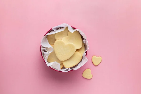 Shortbread Cookies Shape Heart Red Box Pink Background Mother Day — 图库照片