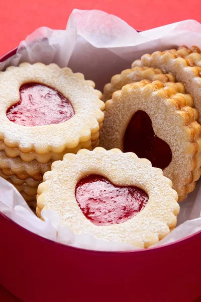 Red Box Heart Shaped Linzer Cookies Red Background Mother Day — 图库照片