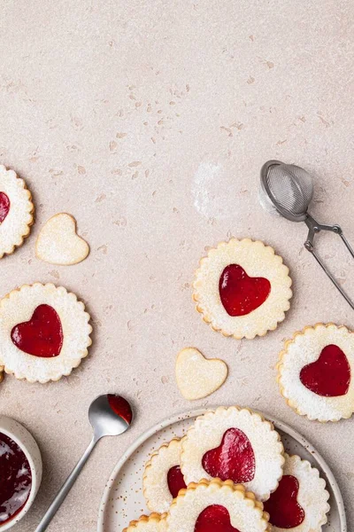 Linzer Cookies Shape Heart Jam Light Background Mother Day Women — 图库照片