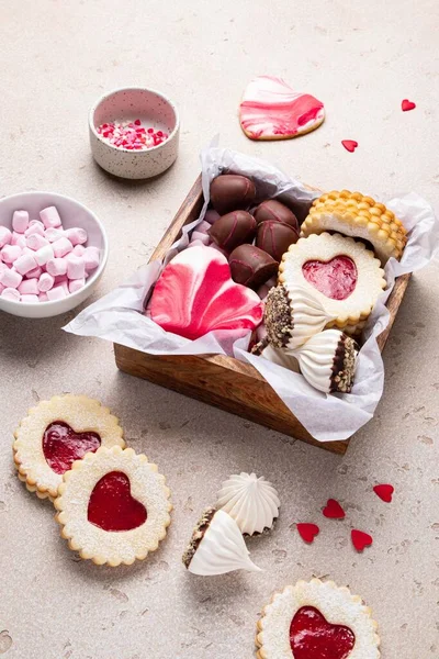 Valentines Day Sweets Cookies Wooden Box Chocolate Candy Meringue Marshmallow — 图库照片