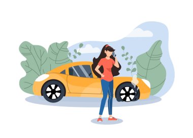 Kız yardım için araba / yol yardımını arıyor. Patlayan tekerlek. Yolda sigorta kazası. Düz vektör illüstrasyonu.