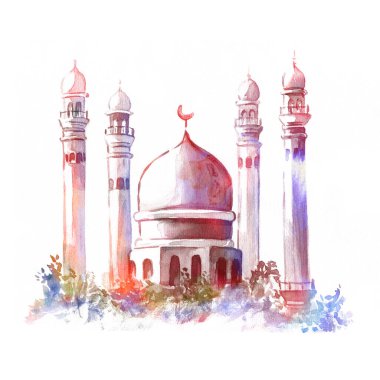 Suluboya Cami illüstrasyonu. Müslüman bayramı kavramı
