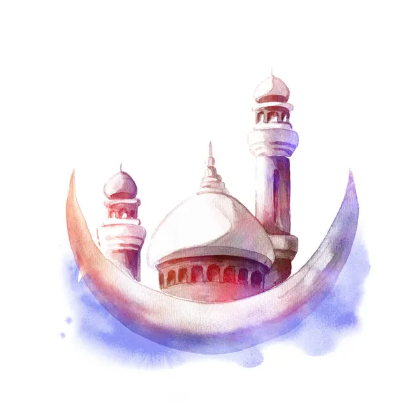Aquarell Illustration der Moschee mit Minaretten und Mond. Krempelkarte für islamische Feiertage. — Stockfoto