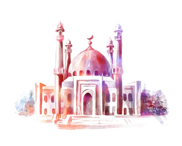 Ręcznie rysowany szkic akwarelowy meczetu. Karta okolicznościowa lub baner — Zdjęcie stockowe