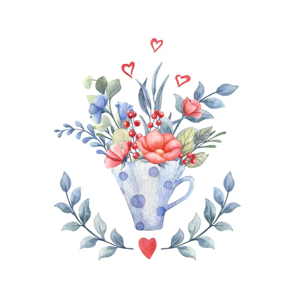 Cartão de Dia dos Namorados com buquê floral e corações — Fotografia de Stock