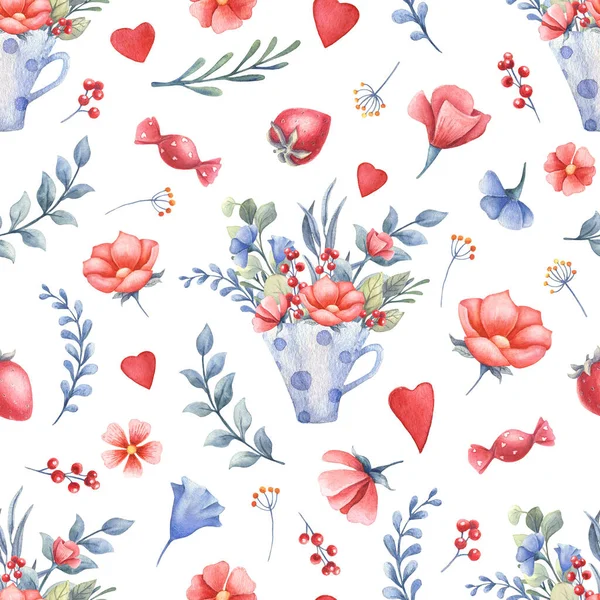 Watercolor seamless pattern with flowers, hearts, cups — Stock Photo, Image