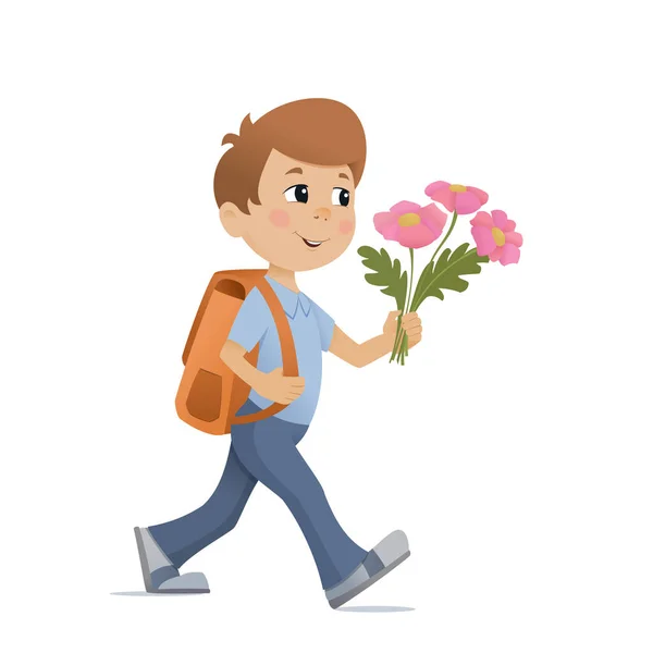 Niño con una mochila y flores yendo a la escuela — Vector de stock