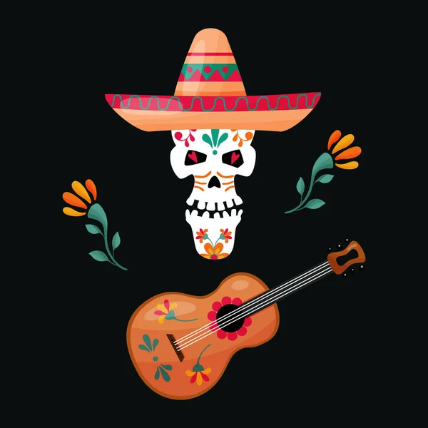 Crâne de sucre mexicain avec guitare et sombrero — Image vectorielle