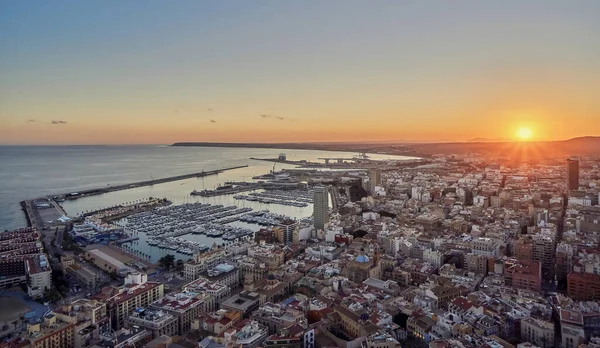 Alicante City Port Sunset Panoramic Alicante City Santa Barbara Castle — Foto de Stock