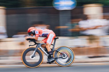 Elche Alicante Spain 30 8 2022: Remco Evenepoel, winer Elche-Alicante time trial stage. Cycling tour of Spain. Selective focus. Photographic sweep