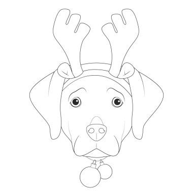 Boyama için Noel tebrik kartı. Ren geyiği boynuzları ve Noel oyuncak toplarıyla Labrador Retriever köpeği