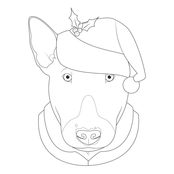 Karácsonyi Üdvözlőlap Színezés Bull Terrier Kutya Mikulás Kalapját — Stock Vector