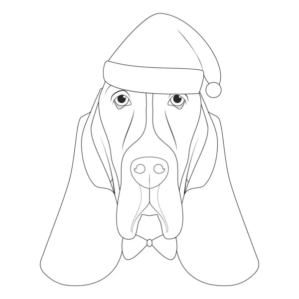 Kerstkaart Voor Het Kleuren Basset Hond Hond Met Kerstman Hoed — Stockvector