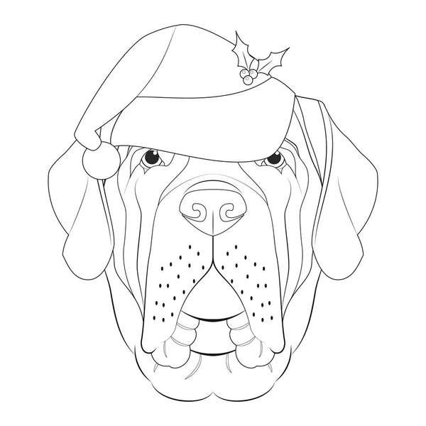 圣诞贺卡 用于着色 带着圣诞老人帽子的英国马什蒂夫犬 — 图库矢量图片