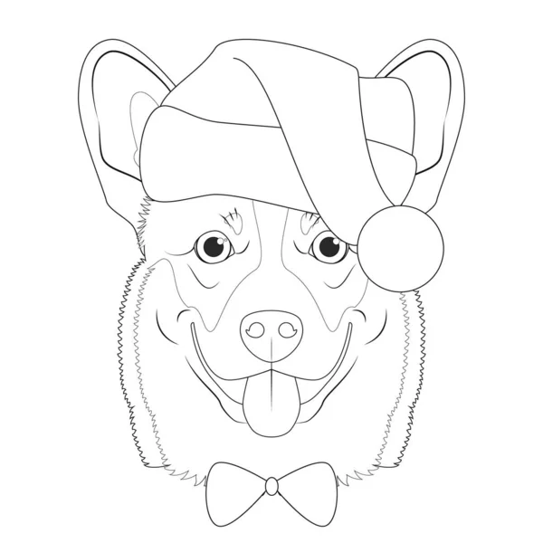 Karácsonyi Üdvözlőlap Színezés Pembroke Walesi Corgi Kutya Mikulás Sapkával Csokornyakkendővel — Stock Vector