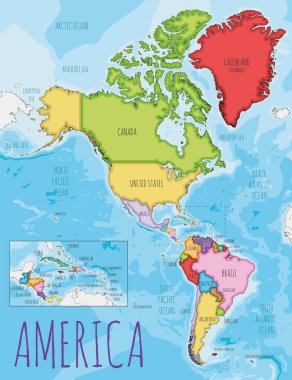 Siyasi Amerika Haritası her ülke için farklı renklerde vektör illüstrasyonu. Düzenlenebilir ve etiketlenebilir katmanlar.