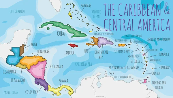 Векторная Иллюстрация Политической Карты Карибского Бассейна Центральной Америки Разными Цветами — стоковый вектор