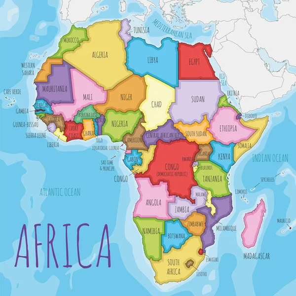 Politiska Afrika Karta Vektor Illustration Med Olika Färger För Varje — Stock vektor