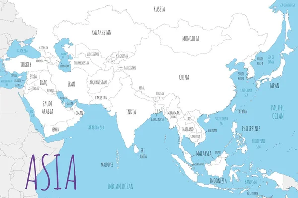 Ilustración Vectorial Del Mapa Político Asia Con Países Color Blanco — Vector de stock