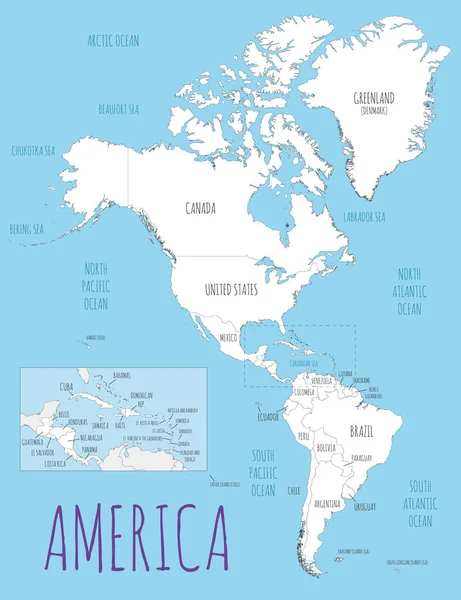 Political America Ilustración Vectorial Mapa Con Países Color Blanco Capas — Archivo Imágenes Vectoriales