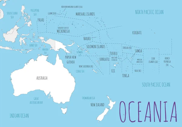 Oceania Política Mapa Ilustração Vetorial Com Países Cor Branca Camadas — Vetor de Stock