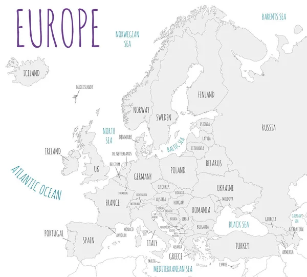 Ilustración Vectorial Political Europe Map Aislada Fondo Blanco Capas Editables — Vector de stock