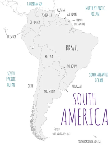 Векторная Иллюстрация Политической Карты Южной Америки Изолирована Белом Фоне Редактируемые — стоковый вектор