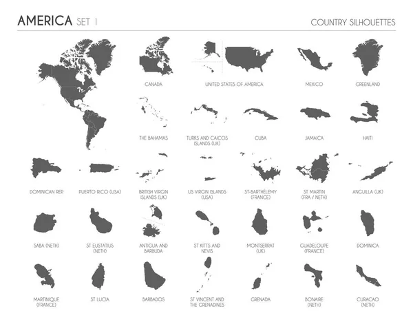 Uppsättning Hög Detaljerad Siluett Kartor Över Amerikanska Länder Och Territorier — Stock vektor
