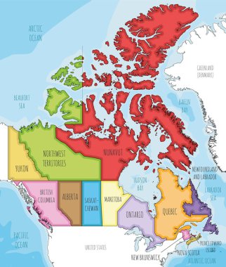 Kanada 'nın illeri, toprakları, idari bölümleri, komşu ülkeler ve bölgeleri olan vektör resimli haritası. Düzenlenebilir ve etiketlenebilir katmanlar.